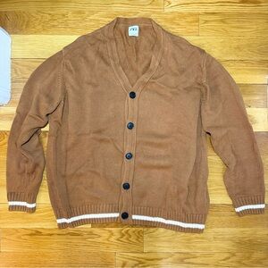Zara Men's Knit Cardigan - Tan/Camel Collegiate Stripe - Size L - 100% Cotton